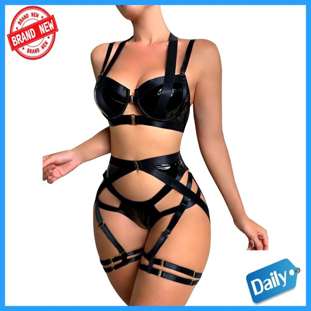 Strappy Underwire Push Up Garter Belt Lingerie Set 3 Piece Slim Fit